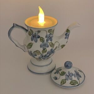 Andrea By Sadek, “Forget Me Not”, Tealight Holder, Ceramic Teapot, 5” Tall